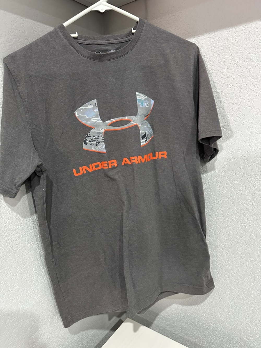 Under Armour Gray Tee with Orange Text and Camo Logo